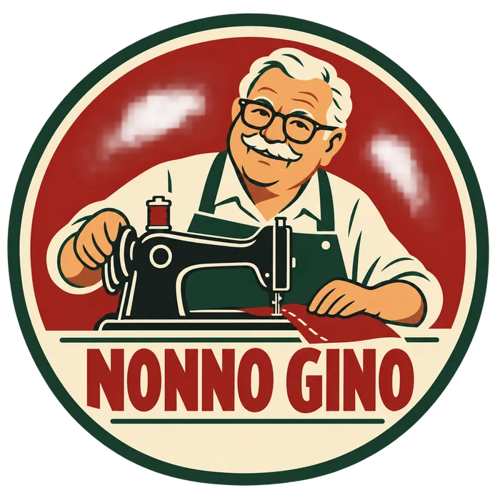 Nonno Gino illustrato alla macchina da cucire